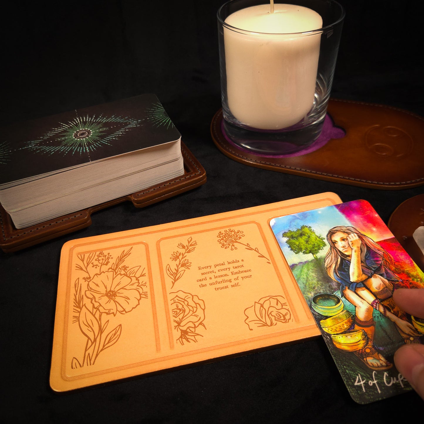 Handmade Leather Pocket Floral Tarot Alter Mat (Fate Edition)
