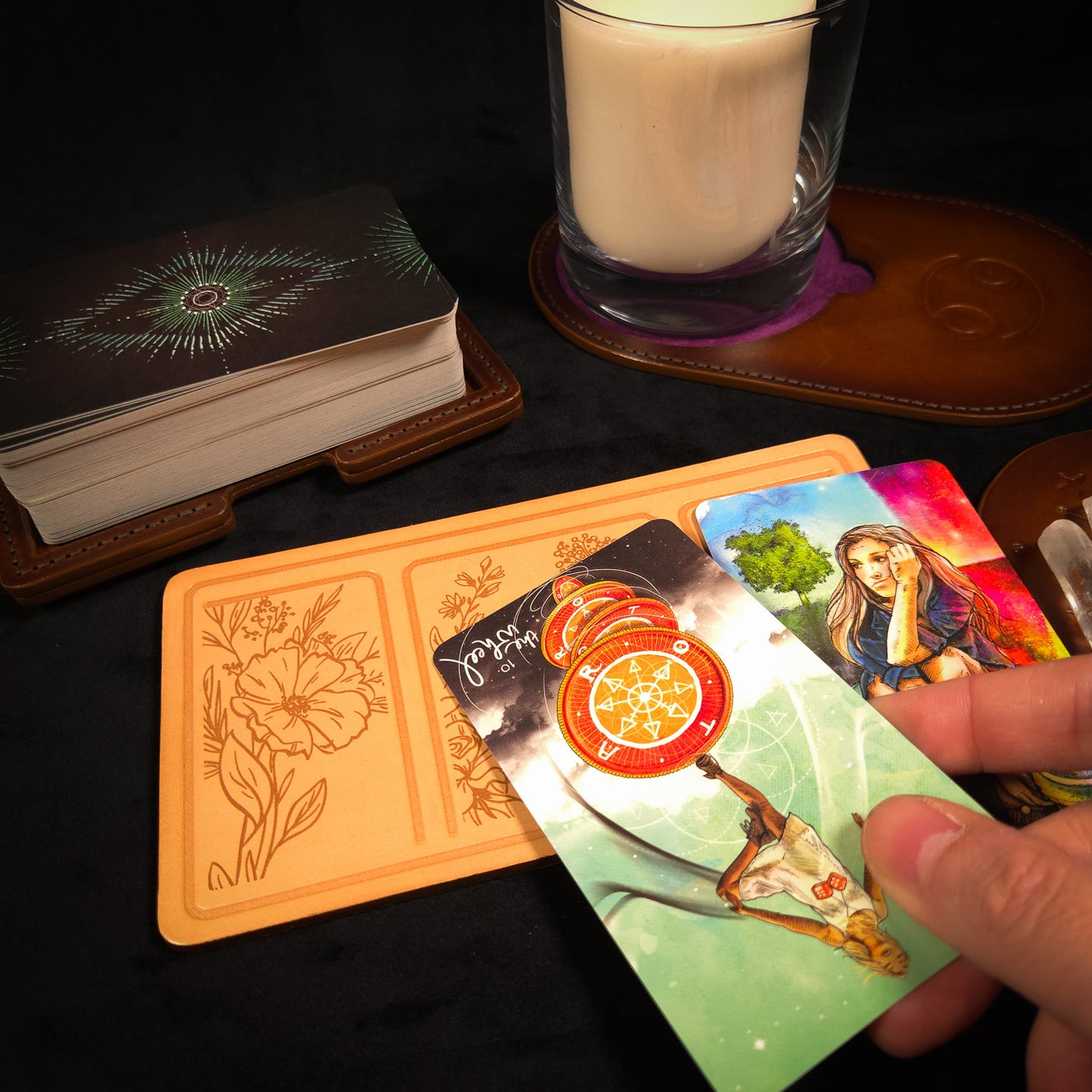 Handmade Leather Pocket Floral Tarot Alter Mat (Fate Edition)