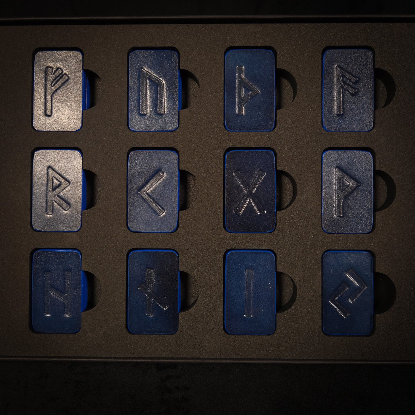 Leather Elder Futhark Runes in Royal Blue